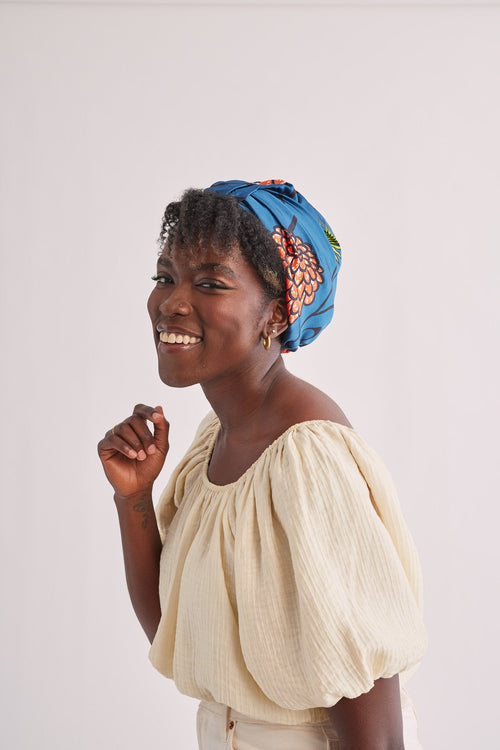 All Silk Turban - Blue Peach Floral